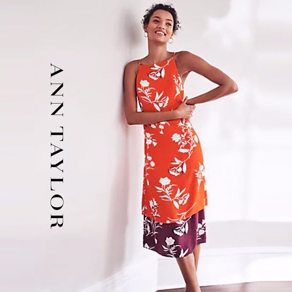 Ann Taylor Dresses & Skirts - 🆕Ann Taylor Mixed Floral Orange and plum color Halter neck Midi Dress, Sz 4